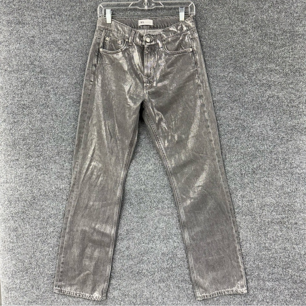 Zara Jeans Womens Size 4 Gray Silver Metallic Denim High Rise Wide Leg Relaxed
